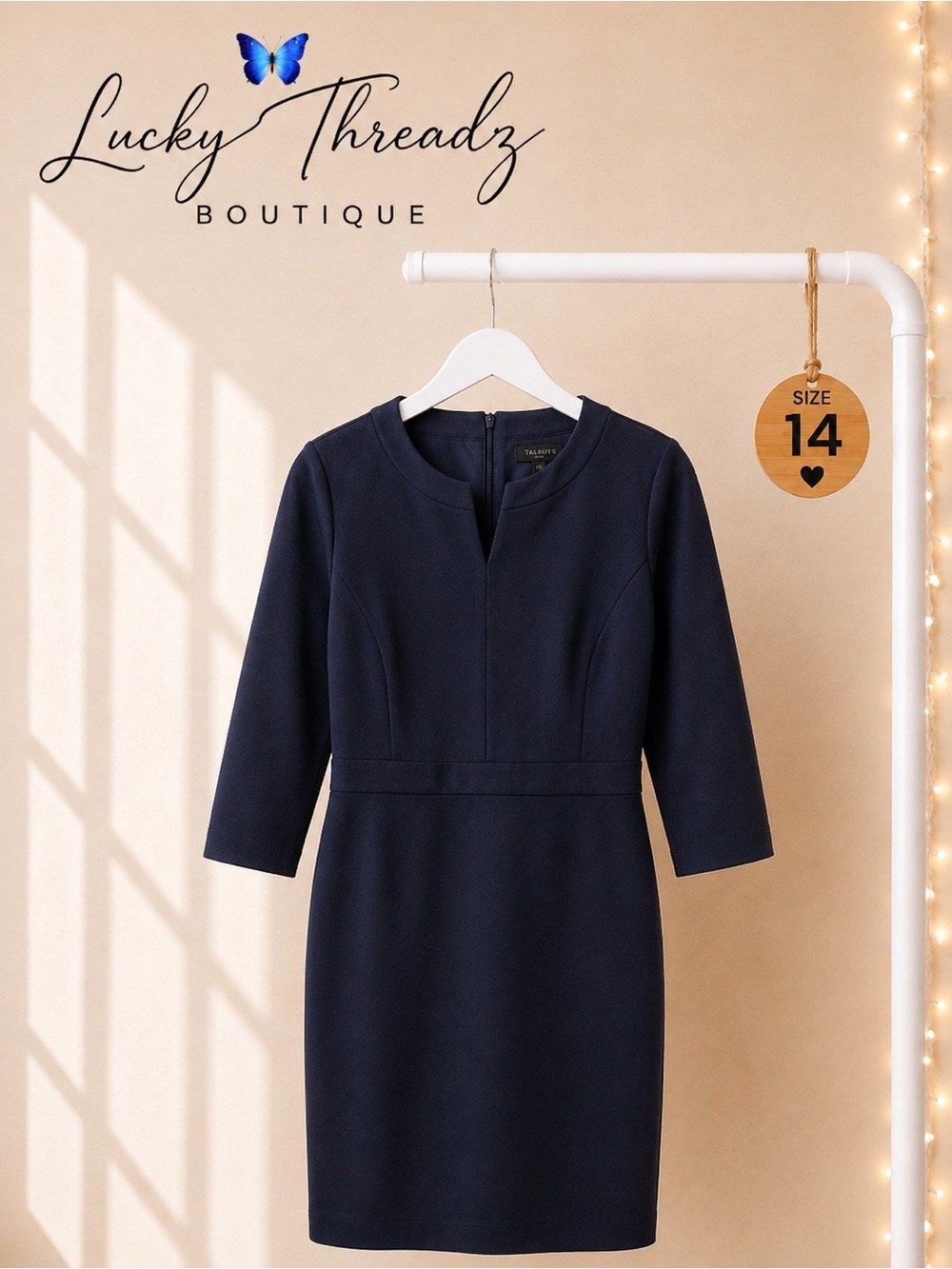 Talbots Navy Blue Ponte Knit Sheath Dress 3/4 Sleeve 14